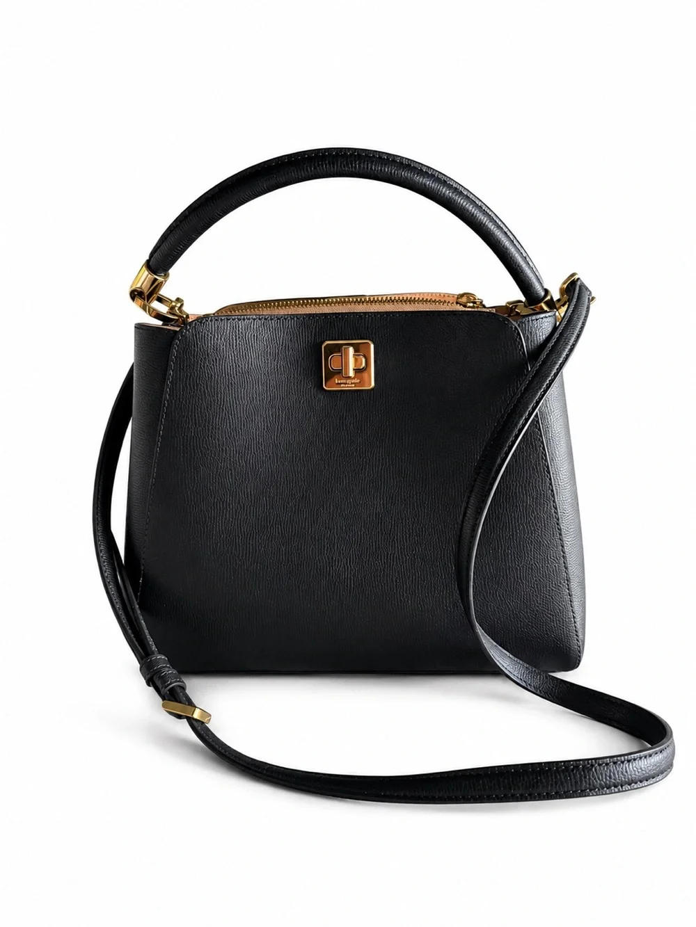 Kate Spade Phoebe black refined grain leather satchel with gold-tone hardware.